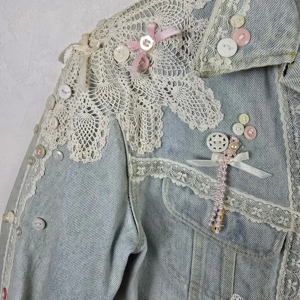 Coquette Fairycore Denim Jacket Size 14  Lace Pink Bows Embellished Button Up